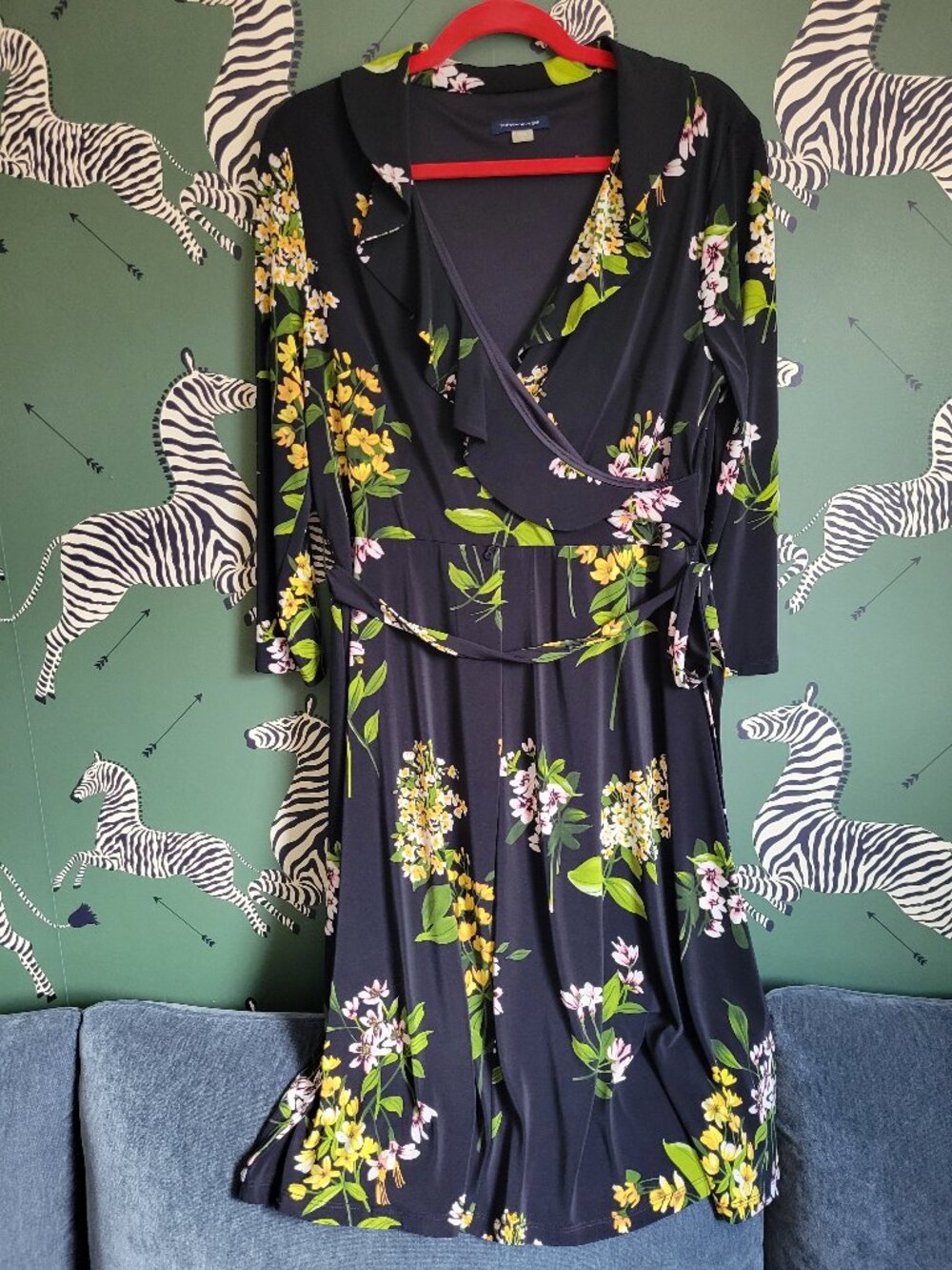 Tommy Hilfiger Black Floral Faux Wrap Ruffle Neck Dress Size 14 Garden Party NEW